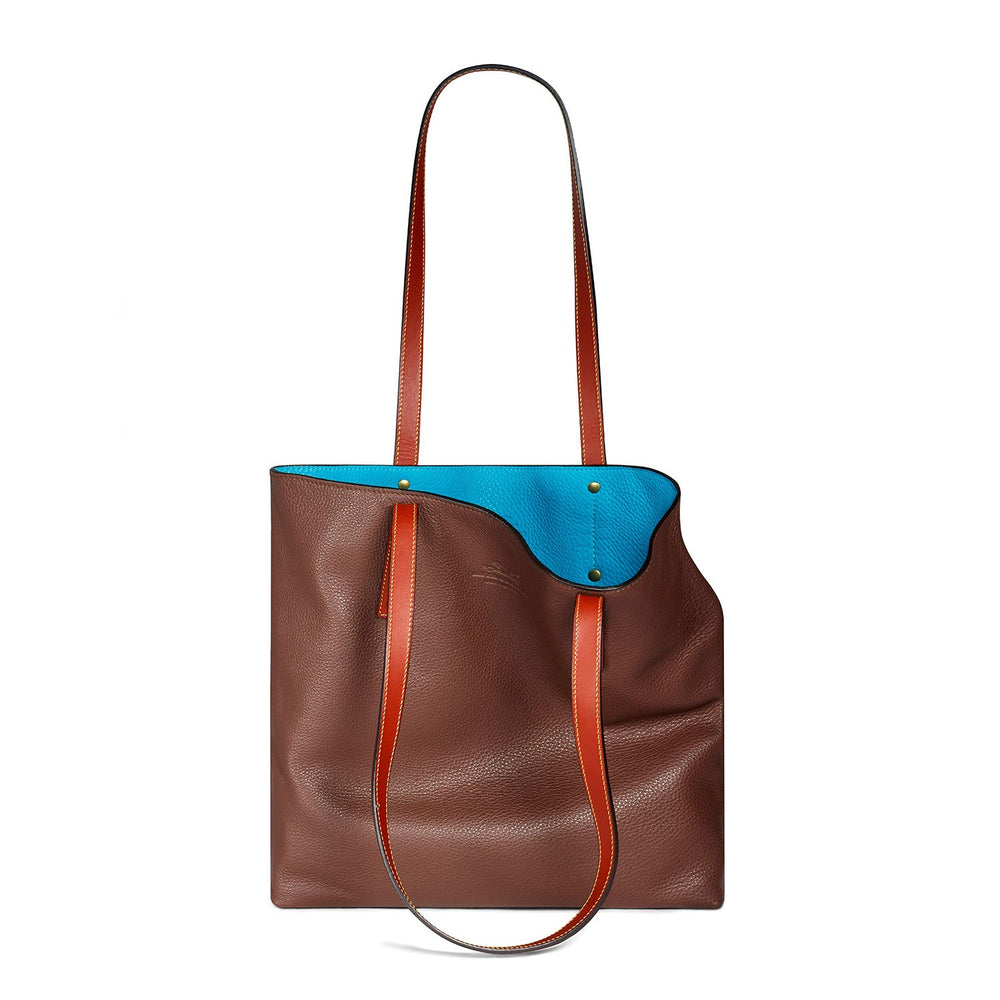 Luxury brown-and-turquoise Tote bag with white background