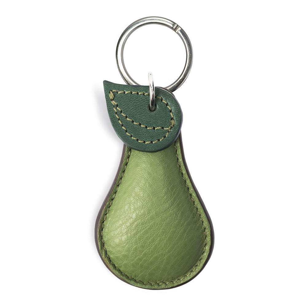 Textured Green Pear Shape Personalised Luxury Leather keyring with white background
